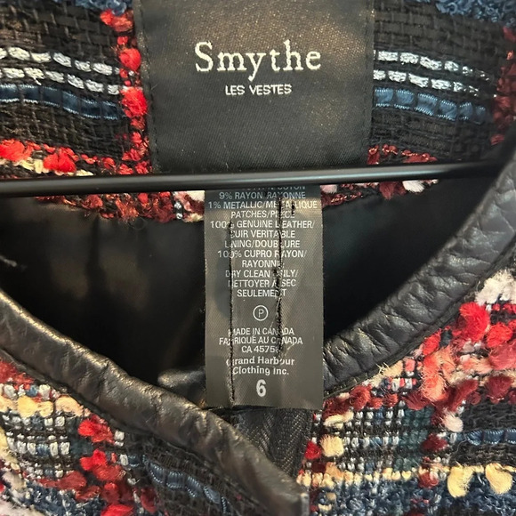 Smythe Boucle Leather-Detail Jacket Womens Size 6 Plaid Blazer Navy Career - Picture 7 of 10